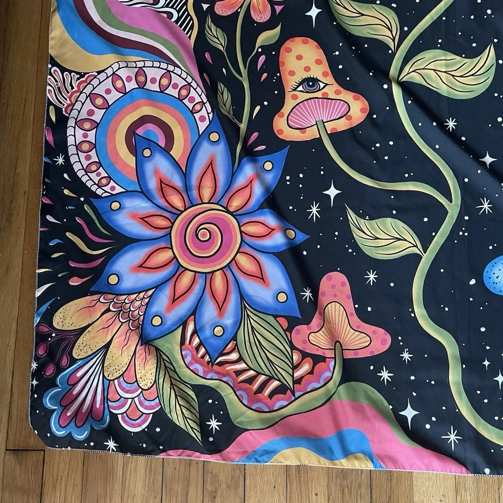 Psychedelic Sun Face Mushroom Tapestry Large Trippy Vibrant Color Wall Art 48x60